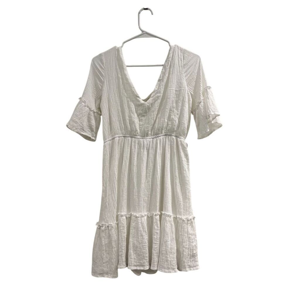 Lulus White v-neck Mini Dress M Short Sleeve Ruffle Summer Casual